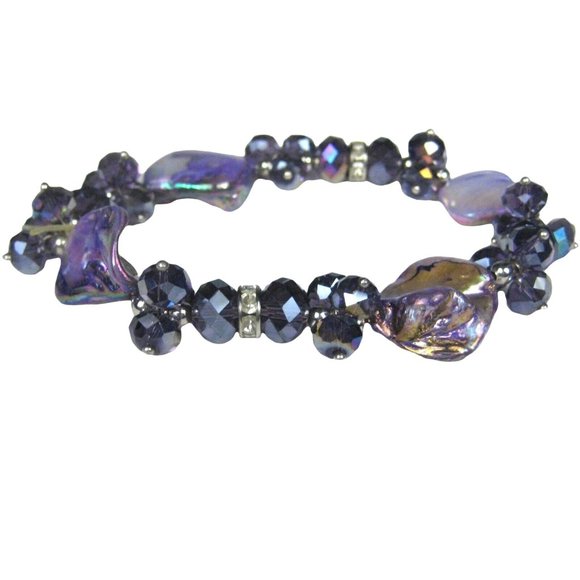 Purple Dyed Mother of Pearl Silvertone Beaded Bracelet Size 9.75 in Stretch - Picture 1 of 6